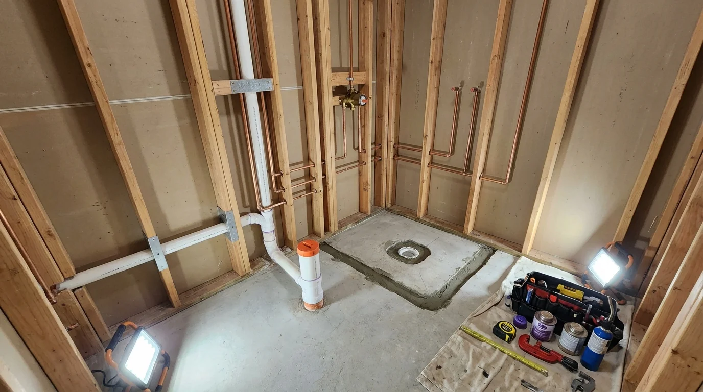 Bathroom rough-in plumbing during remodel by Johns Plumbing LLC in Russell Springs