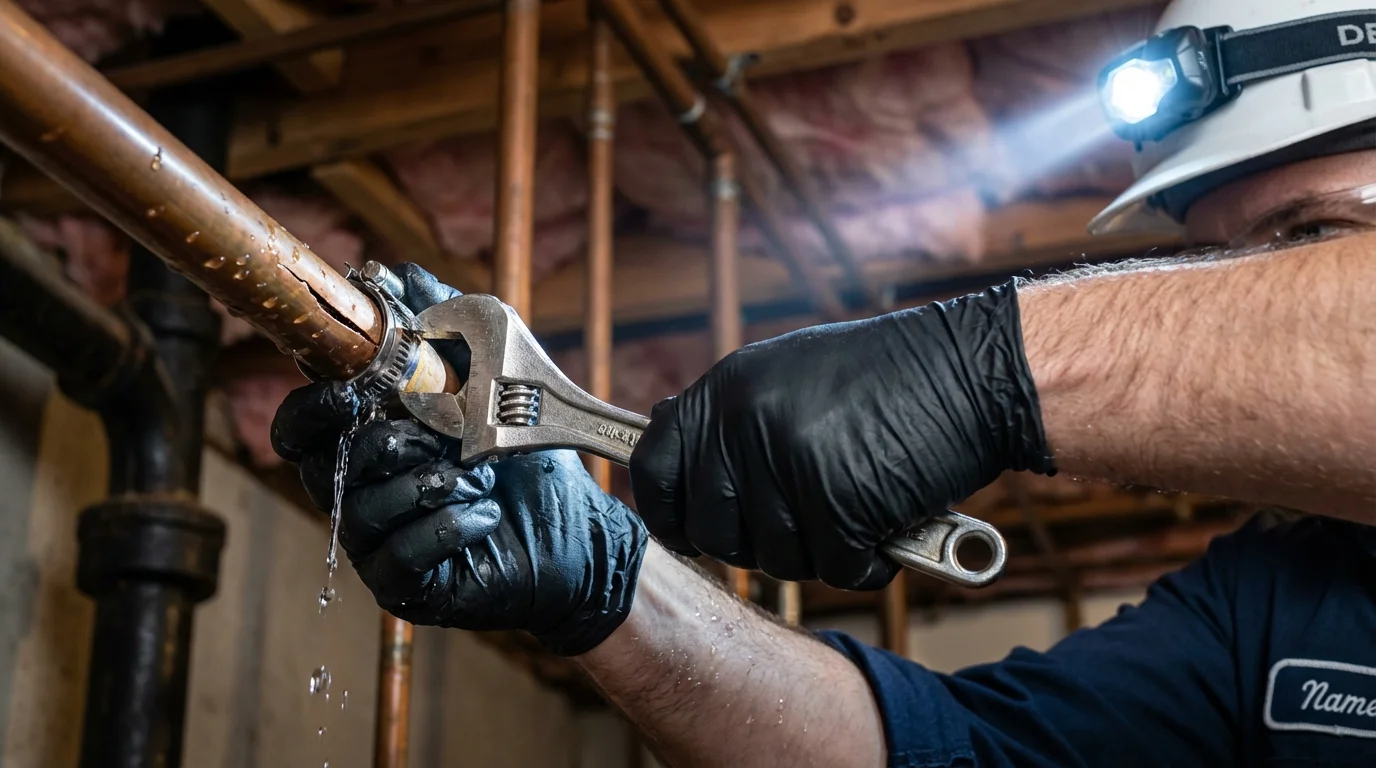 Emergency pipe clamp repair being performed by a Johns Plumbing LLC plumber in Russell Springs