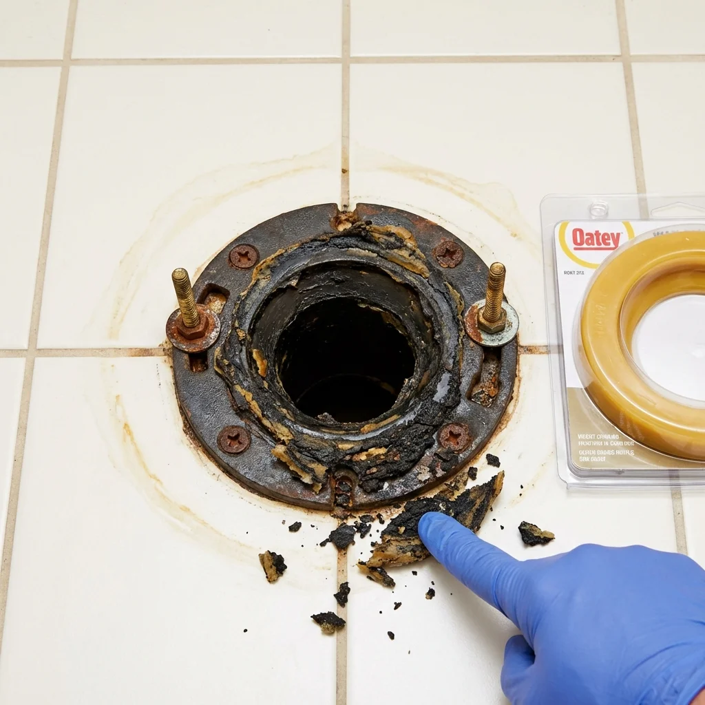 Failed wax ring showing water seepage at the base of a toilet in a Russell Springs, KY home
