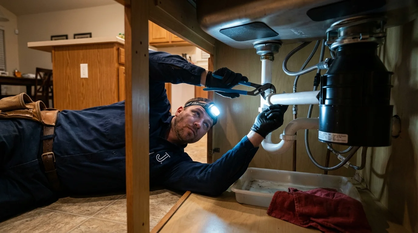 P-trap and supply line connections under a kitchen sink showing a common leak point in Russell Springs, KY